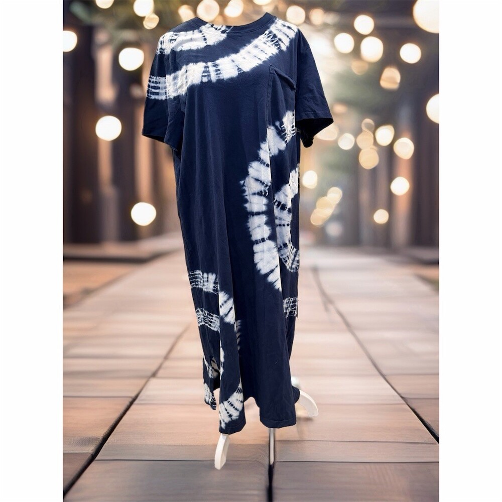 Time and Tru Dress Womens 2XL Navy Blue & White Tie-Dye Maxi Pocket Casual